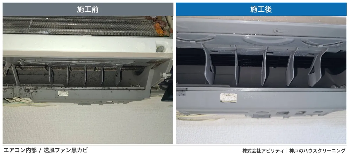 エアコン内部の送風ファンに付いた黒カビの施工前と施工後