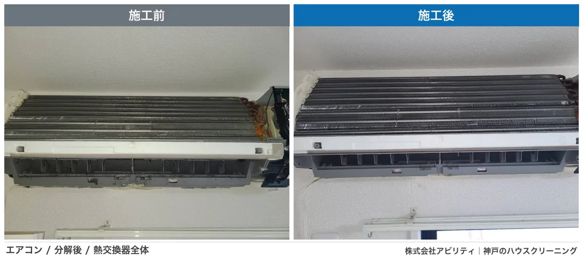 エアコン熱交換器（アルミフィン）の高圧洗浄の施工前と施工後